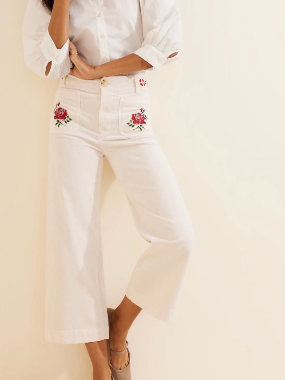 Tricia Fix Cords corduroy pants cropped with Rose Embroidery NWT 25